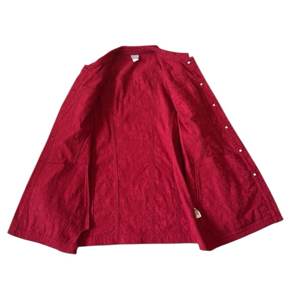 Chicos Red Jacquard Button Front Jacket Coat Layering Cotton Blend Size 3/XL - Picture 5 of 13